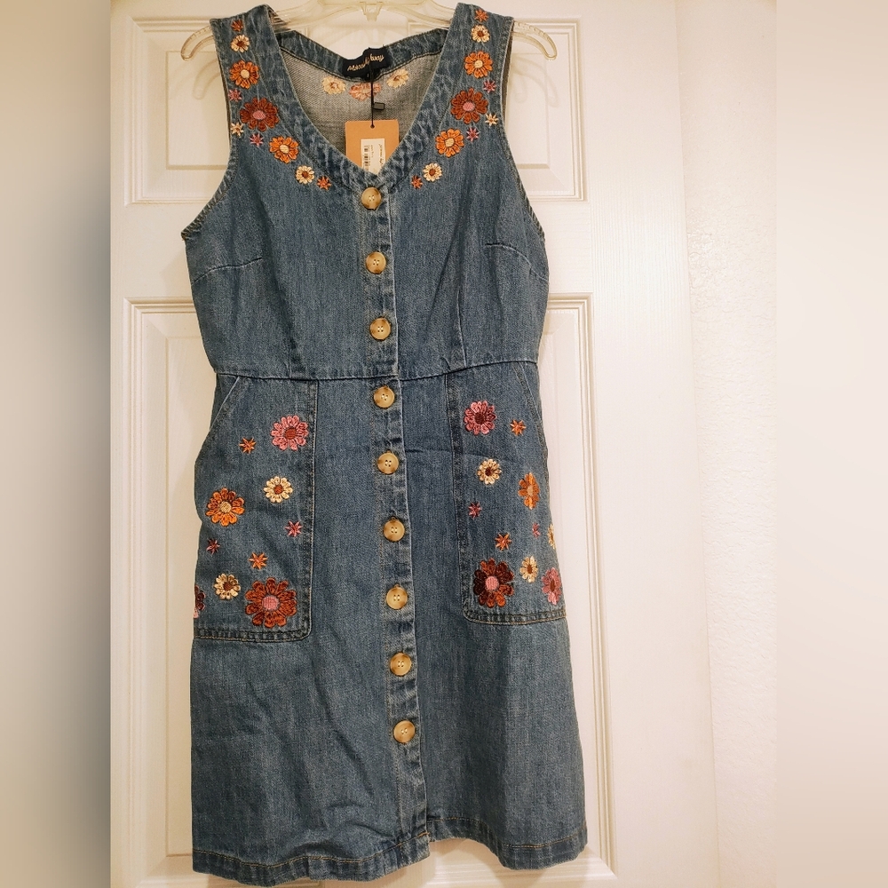 Princess Highway Blue Denim Dress with Floral Embroidery